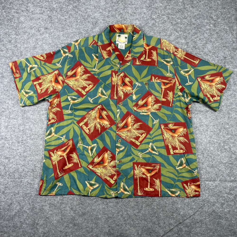Banana Cabana Shirt Mens XXL Blue 100% Silk Tropical Cocktail Palm Tree Camp